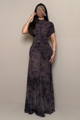 Brown Evening Dress with Purple Patterns and Soft Pleats
