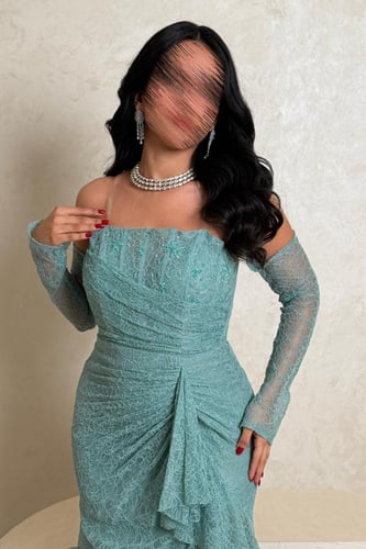 فستان سهرة تركوازي دانتيل كت بأكمام طويلة شفافة