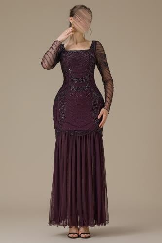 Long dark aubergine dress with luxurious embroidery by Mleha.