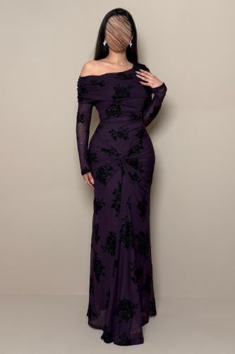 Long Purple Off-Shoulder Dress with Shimmering Black Embroidery