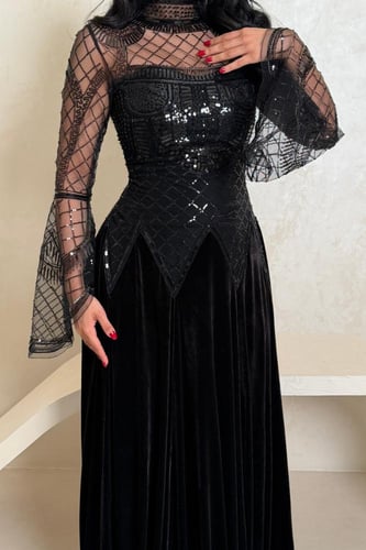 فستان أسود مخملي بتطريز شبكي فاخر