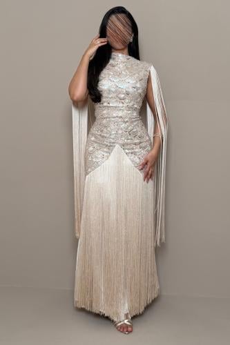 Creamy Beige Dress with Luxurious Embroidery and Long Fringe.