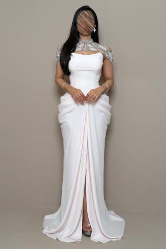 Baby Pink Evening Dress with Luxurious Crystal Accents from Mleha.