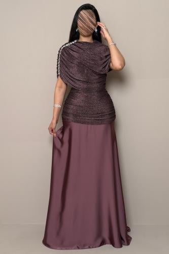 Long Dark Mauve Dress with a Lustrous Finish and Crystal Details by Mleha