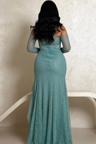 فستان سهرة تركوازي دانتيل كت بأكمام طويلة شفافة