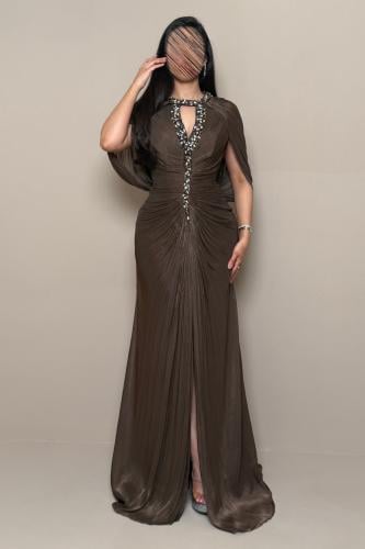 Luxury Brown Dress with Crystal Embroidery and Cape Sleeves