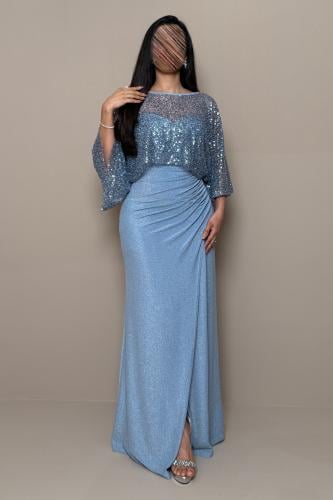 Shimmering sky blue dress with sequin details and elegant soft pleats.