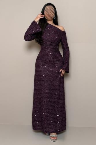 Long Purple Off-Shoulder Dress with Shimmering Sequins