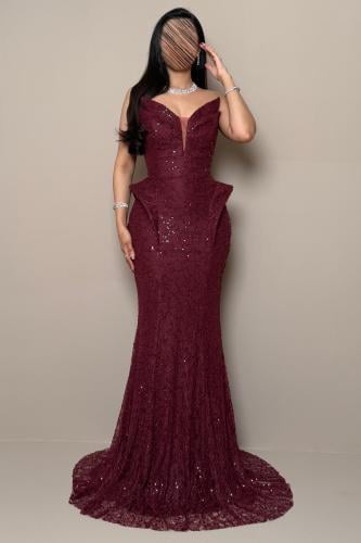 Long Burgundy Dress with a Corset Design and Shimmering Sequins
