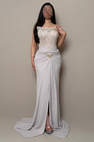Long Beige Dress with Crystal Embroidery and Front Slit