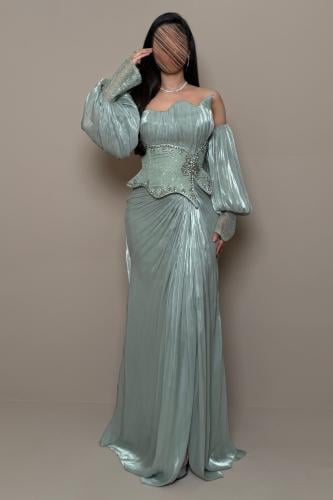 Luxury Tiffany Dress with Embroidered Corset and Draped Sleeves