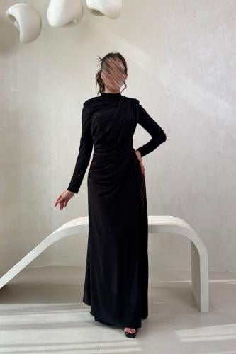 فستان سهرة اسود بكم طويل وتصميم انيق مع فتحة ظهر