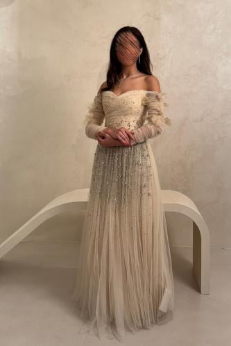 فستان بيج بتصميم تل مطرز وبأكمام شفافة فاخرة