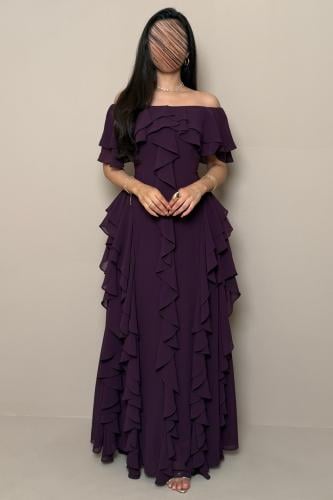 Long purple off-shoulder dress with luxurious ruffle details by Mleha.