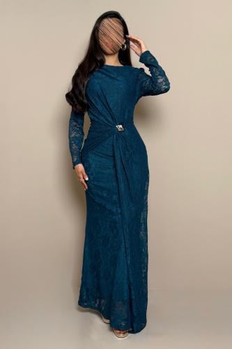 فستان دانتيل تركوازي بعقدة جانبية