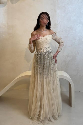 فستان بيج بتصميم تل مطرز وبأكمام شفافة فاخرة