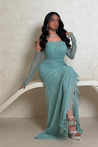 فستان سهرة تركوازي دانتيل كت بأكمام طويلة شفافة