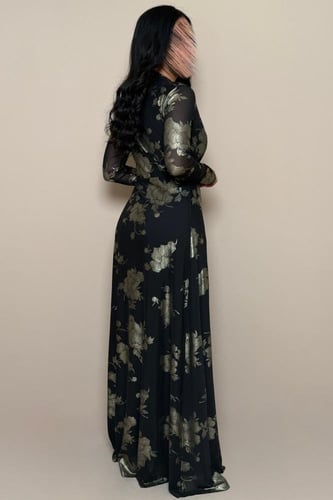 فستان سهرة أسود مشجر بعقدة خصر أنيقة