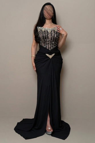 Long Black Dress with Crystal Embroidery and Front...