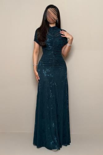 Turquoise Evening Dress with Draped Neckline and Soft Pleats