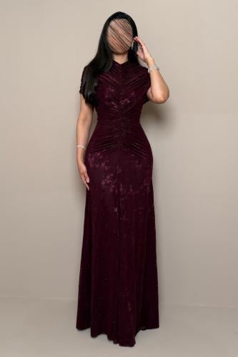 Burgundy Evening Dress with Draped Neckline and Soft Pleats