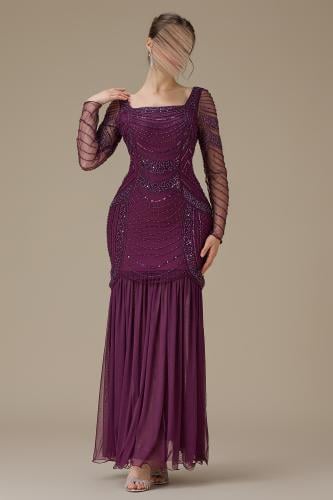 Long dark fuchsia dress with luxurious embroidery by Mleha.