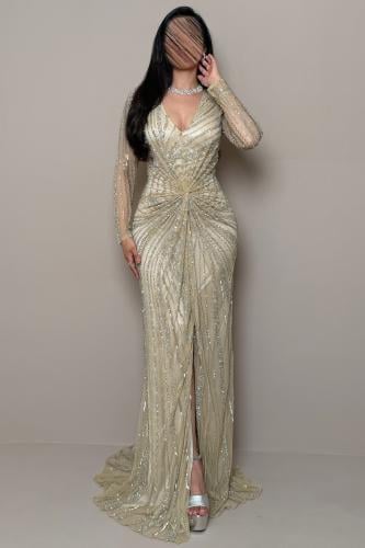 Long beige dress with luxurious embroidery and waist pleats.
