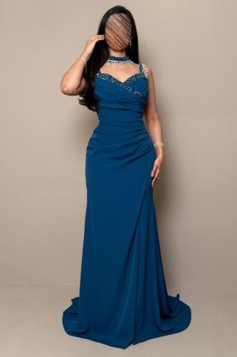 Long dark blue dress with soft pleats and bead embroidery by Mleha.