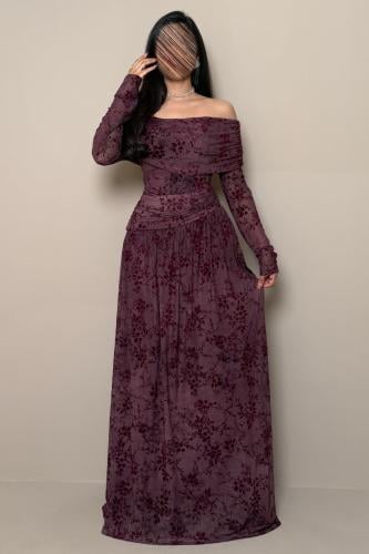 Long Dark Mauve Off-Shoulder Dress with Velvet Floral Pattern