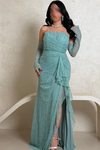 فستان سهرة تركوازي دانتيل كت بأكمام طويلة شفافة