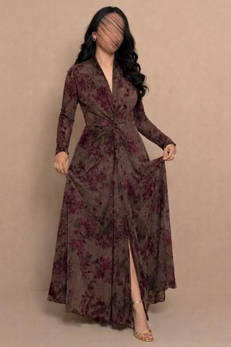 فستان بني بنقشة زهور وقصة لف أنثوية