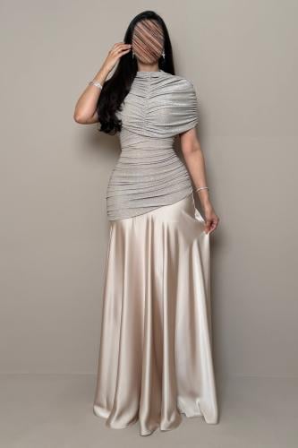 Long Beige Dress with a Lustrous Finish and High Neckline by Mleha