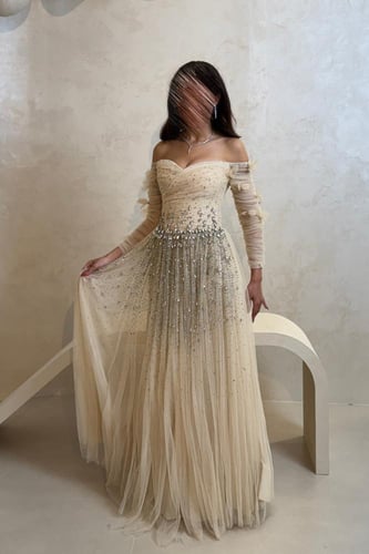 فستان بيج بتصميم تل مطرز وبأكمام شفافة فاخرة
