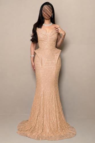 Long Beige Dress with a Corset Design and Shimmering Sequins