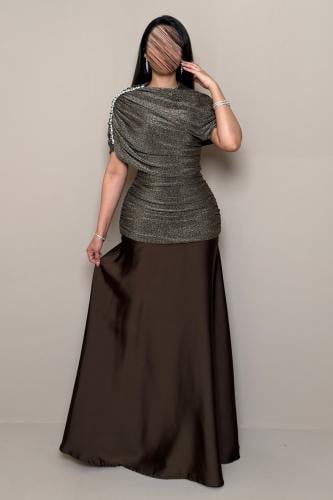 Long Brown Dress with a Lustrous Finish and Crystal Details by Mleha