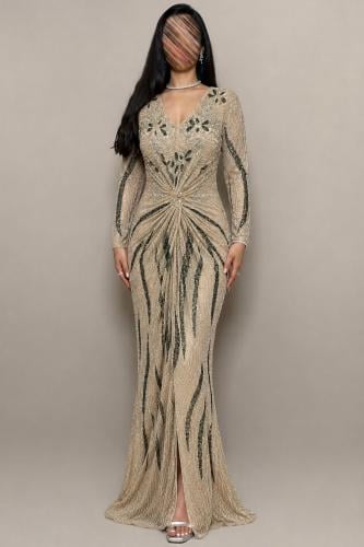 Beige dress with full embroidery that adds a luxur...