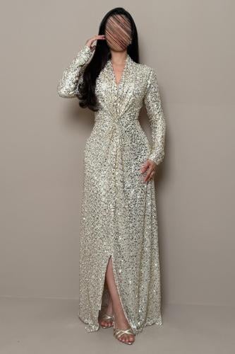 Long beige dress with gold embroidery by Mleha.