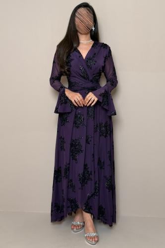Long Purple Dress with Shimmering Black Floral Details.