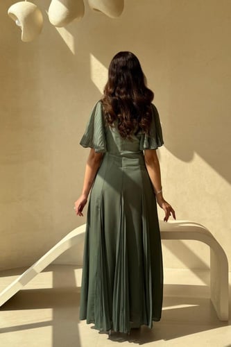 فستان زيتي بأكمام كشكش وتطريز ناعم عند الياقة