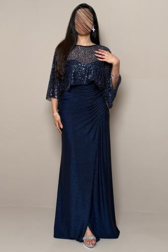 Shimmering navy dress with sequin details and elegant soft pleats.