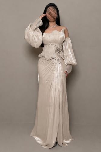 Luxury Beige Dress with Embroidered Corset and Draped Sleeves