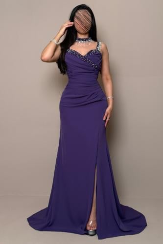 Long Purple Dress with Soft Pleats and Bead Embroidery from Mleha.