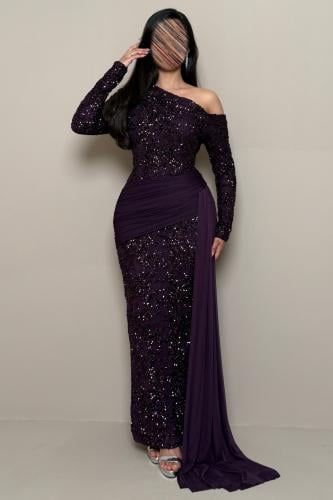 Long Purple One-Shoulder Dress with Sequin Embroidery by Mleha