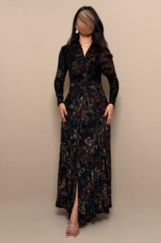 فستان أسود مخملي بتطريز زهور فاخرة