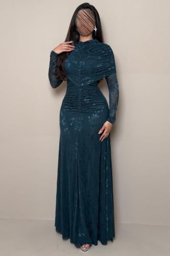 Long turquoise dress in velvet fabric with a draped neckline.