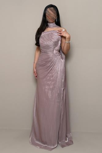 Long dusty nude pink dress with a shimmering design and a back shawl by Mleha.