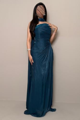Long Turquoise Dress with a Lustrous Finish and Back Shawl by Mleha