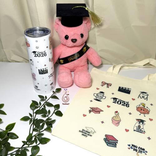 Raspberry bag gift graduation with teddy bear and thermal cup