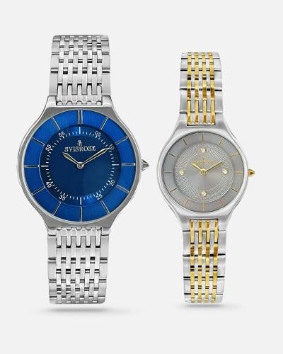 ساعة رجالي فضي ونسائي ذهبي - فضي