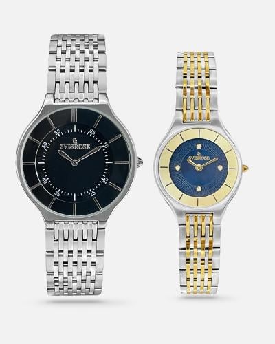 طقم ساعات نسائي فضي و ذهبي و رجالي فضي